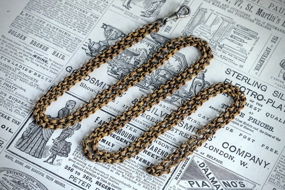 Rare Antique Victorian English Grass Wickerwork Longuard Chain Necklace c1880