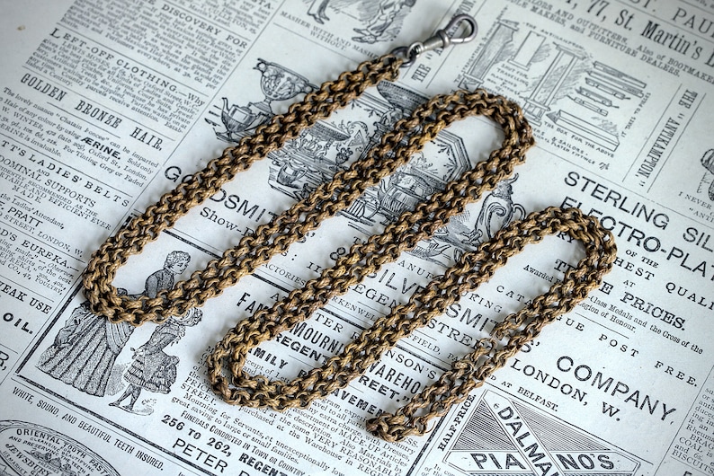 Rare Antique Victorian English Grass Wickerwork Longuard Chain Necklace c1880 image 1
