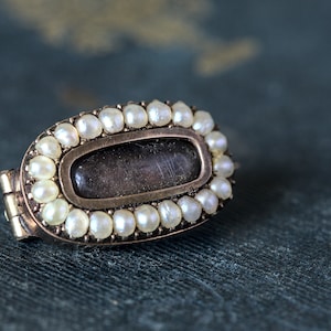 Tiny Antique Georgian English 9K Gold Locket Pearl Mourning Brooch Pin c1815