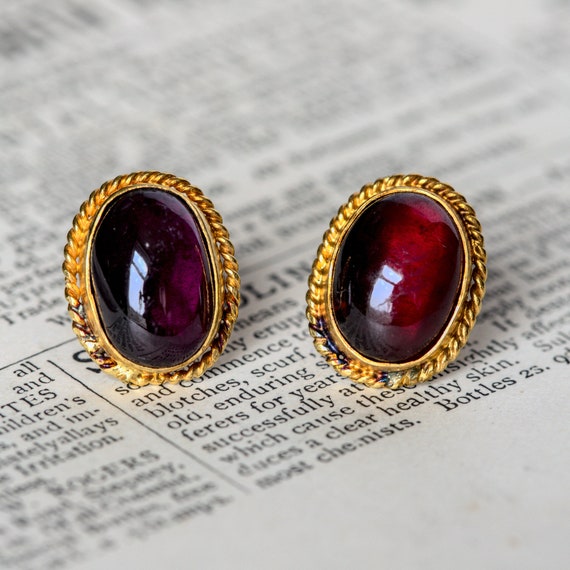 Pair Antique Victorian English 18K Gold Garnet Cab