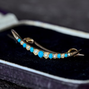 Antique Edwardian English 9K Gold Turquoise Pearl Crescent Moon Brooch Pin c1910