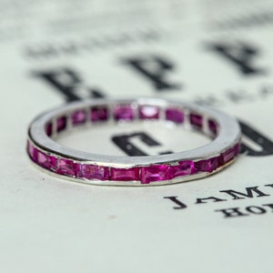 Gorgeous Unusual Vintage Palladium Rectangular Cut Ruby Full Eternity Ring