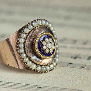 Unique Antique Victorian English 9K Gold Pearl Rock Crystal Mourning Locket Ring