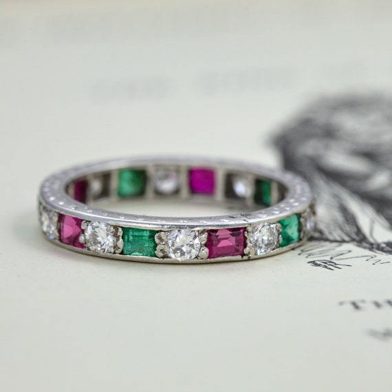 Antique English Art Deco Platinum Emerald Ruby Diamond Eternity