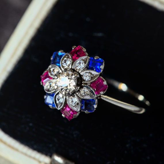 Stunning Vintage 18K White Gold Ruby Sapphire Dia… - image 2
