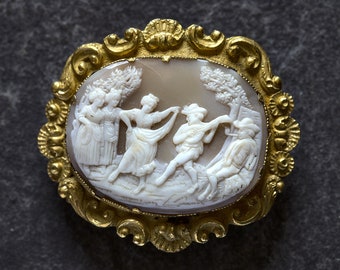 Antique Georgian Italian Pinchbeck Shell Cameo Brooch Dancers & Music c1820