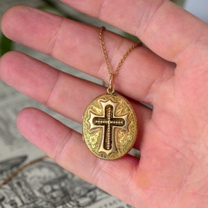 Antique Victorian English 9K Gold Ornate Cross Pendant Locket c1870