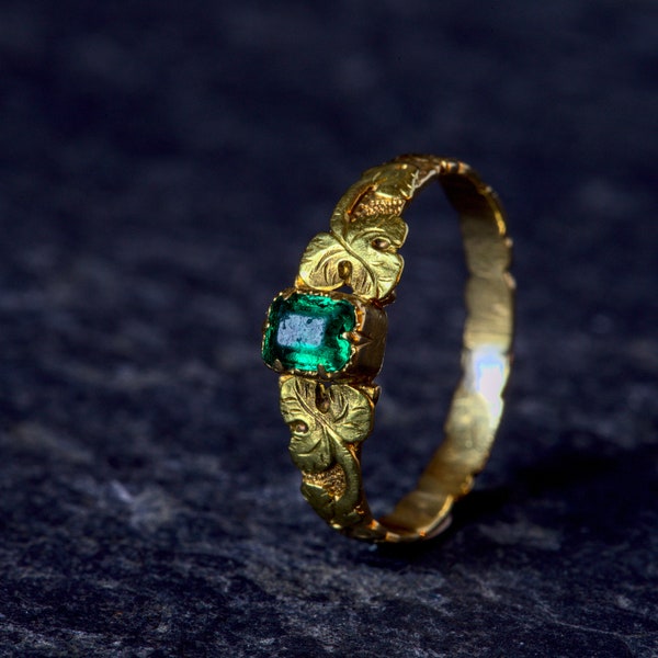 Stunning Tiny Antique English 18K Gold Emerald Glass Solitaire Ring c1800