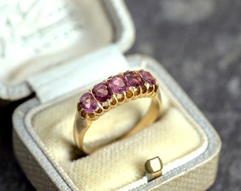 Antique English Art Nouveau 18K Gold Pink Tourmaline 5-Stone Ring c1890