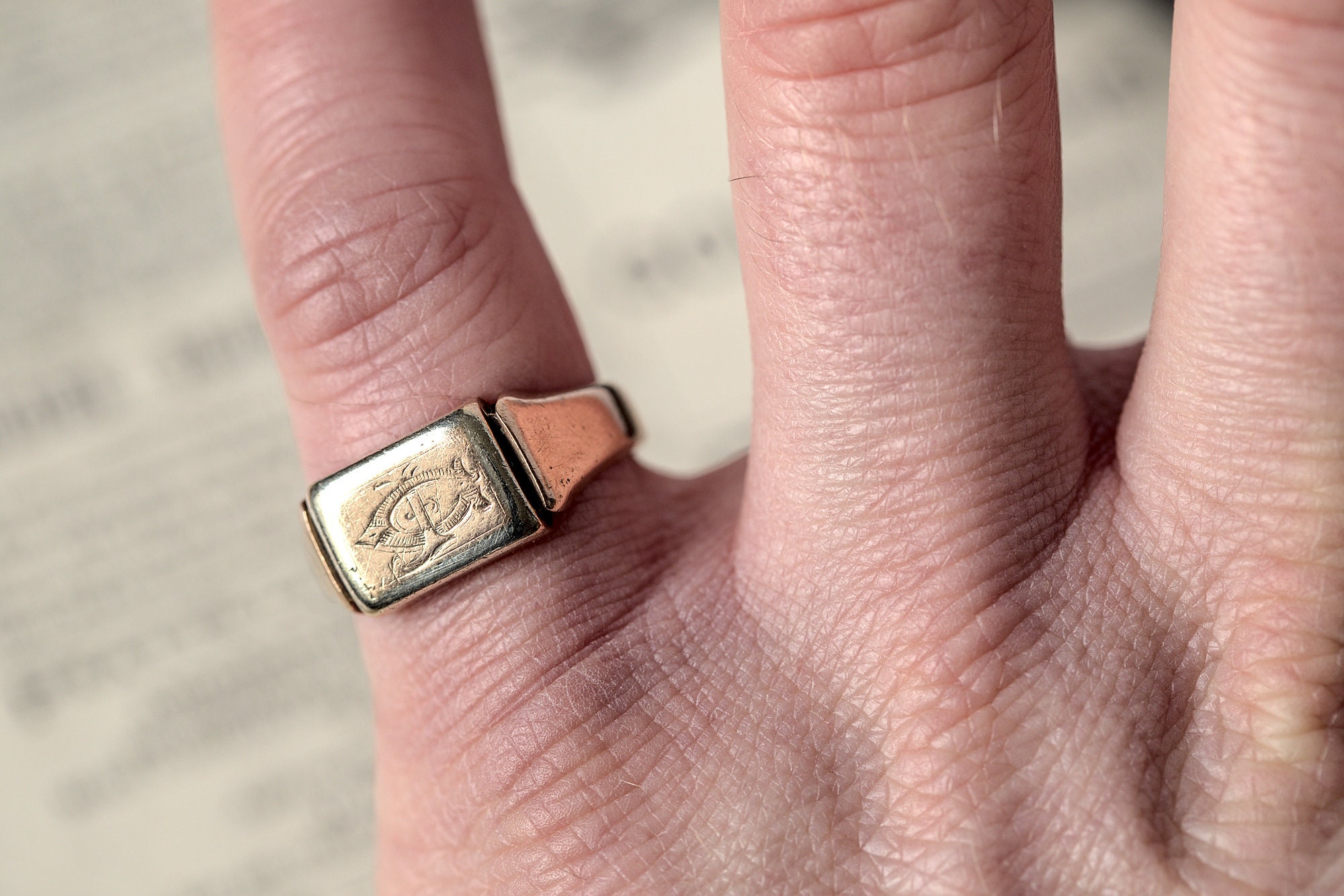 Antique 10k Gold Signet Ring Engraved Initials Monogram J.G. -  Israel