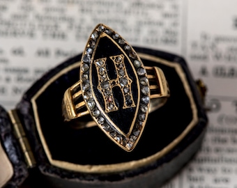 Antique Victorian English 18K Gold Diamond Enamel Initial 'H' Ring c1850