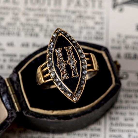 Antique Victorian English 18K Gold Diamond Enamel Initial 'H' Ring