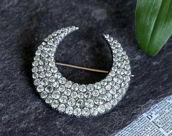 Large Antique Victorian English Silver Gold Paste Crescent Moon Brooch Pin c1850