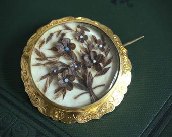 Unusual Antique Victorian European 14K Gold Hairwork Mourning Brooch Pin c1880