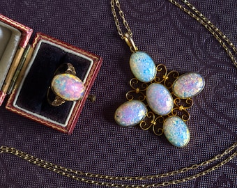 Antique English Art Nouveau 18K Gold Opalite Cabochon Ring & Pendant c1890