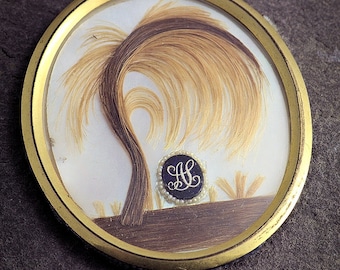 Antiguo victoriano inglés glaseado Gilt pelo luto medallón colgante 'AS' c1860