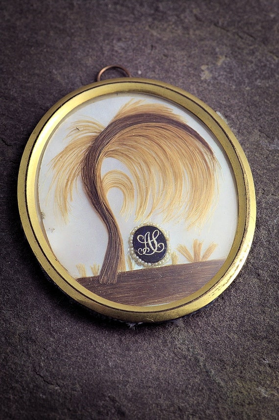 Antique Victorian English Glazed Gilt Hair Mournin