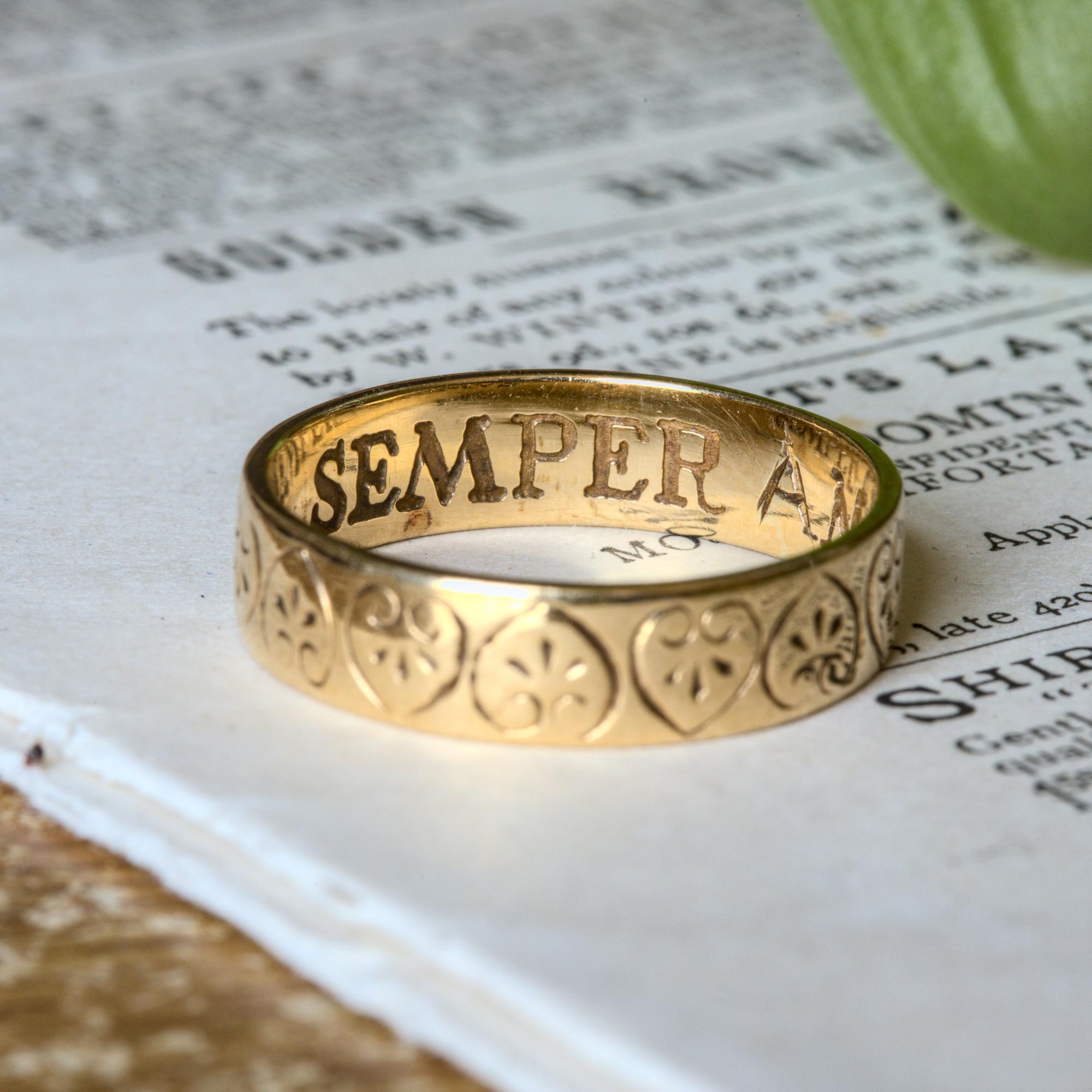 Wonderful Vintage English 9K Gold Heart Wedding Posy Band Ring Let