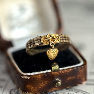Antique Victorian English 15K Gold Hair Mourning Ring w/ Tiny Heart Charm c1850
