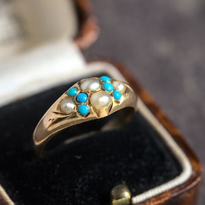 Antique Art Nouveau English 15K Gold Seed Pearl Turquoise Ring c1890