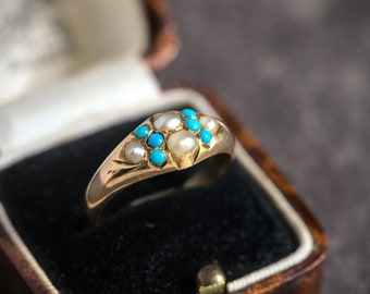 Antique Art Nouveau English 15K Gold Seed Pearl Turquoise Ring c1890