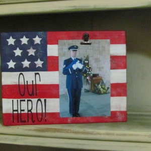 Our Hero Frame, Patriotic photo block, America flag, Red White and Blue, Picture Frame, Military Family Frame, Wood Frame, Patriotic gift image 2