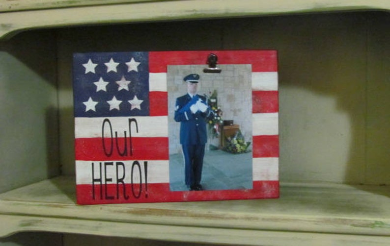 Our Hero Frame, Patriotic photo block, America flag, Red White and Blue, Picture Frame, Military Family Frame, Wood Frame, Patriotic gift image 2