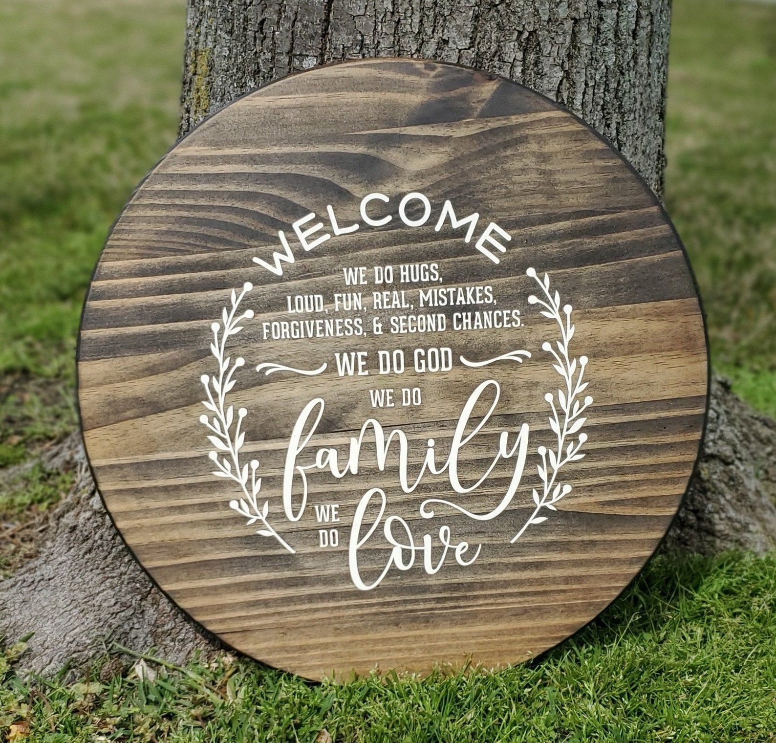 Welcome Family Sign- Farmhouse Home Sign - Round Wood Sign - Family ...