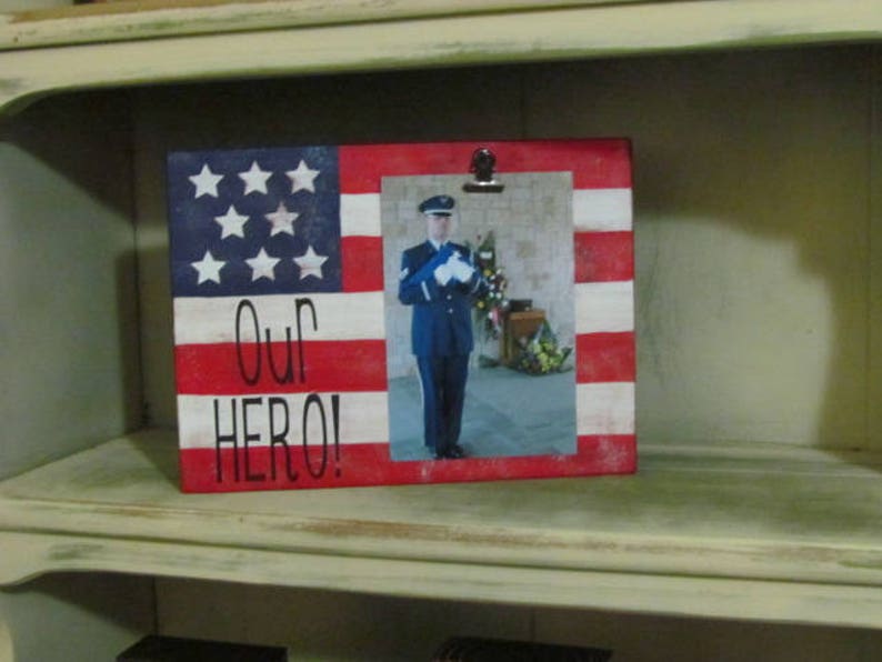 Our Hero Frame, Patriotic photo block, America flag, Red White and Blue, Picture Frame, Military Family Frame, Wood Frame, Patriotic gift image 1