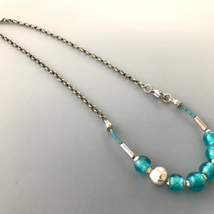 Blue Glass Necklace, Antique 925 Sterling Silver Necklace, Gift for Her