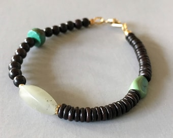 Pulsera de jade de nefrita genuina, pulsera de madera de ébano negro, pulsera de color turquesa antiguo, cierre de botón 14K, regalo para ella