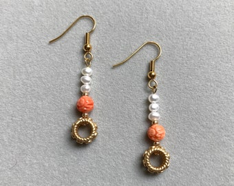 Pendientes de coral tallados a mano, pendientes de perlas de agua dulce, pendientes de oro zircon, hipoalergénico, ganchos de pescado rellenos de oro de 18K, regalo para ella