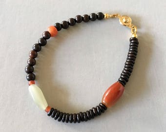 Pulsera de jade de nefrita genuina, pulsera de madera de ébano negro, pulsera de ágata de ónix rojo, pulsera de ágata antigua, cierre de botón de 14K, regalo para ella