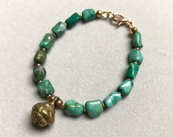 Pulsera de color turquesa antiguo, pulsera de cobre tallada antigua, cierre de langosta de 14K