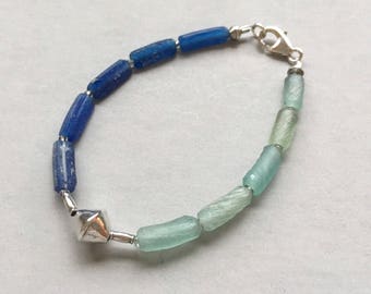 Antigua pulsera de abalorios de cristal, pulsera de abalorios de cristal azul antiguo, pulsera de plata esterlina 925
