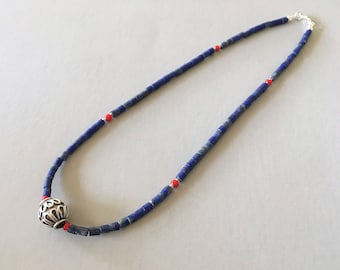 Collar Lapis Lazuli, collar de cuentas de comercio de corazón blanco antiguo, collar de plata de ley antigua 925, regalo para su