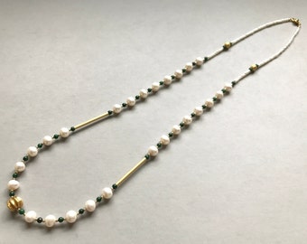 Collar de perlas de agua fresca natural, collar de oro antiguo de 22K, collar de jade Htelongsen, cierre de botón 14K, regalo para ella