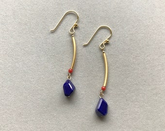Pendientes Lapis Lazuli, Pendientes de coral rojo natural, Pendientes marroquíes de oro de 18K, Anzuelos rellenos de oro de 18K, Hipoalergénicos, Regalo para ella