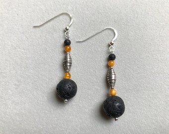Pendientes de roca de lava negro, pendientes de ámbar amarillo mila, 925 pendientes de plata de ley, pendientes hipoalergénicos, regalo para ella