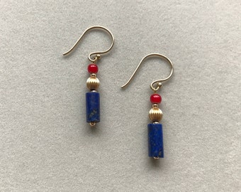 Pendientes Lapis Lazuli, Pendientes de oro de 14K, Pendientes antiguos de comercio de corazón blanco, ganchos de pescado rellenos de oro de 18K, pendientes hipoalergénicos
