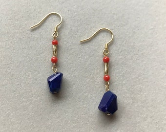 Pendientes Lapis Lazuli, Pendientes de Coral Rojo, Anzuelos Rellenos de Oro de 18K, Pendientes Hipoalergénicos, Regalo para Ella