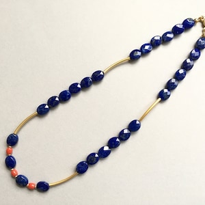 Lapis Lazuli Necklace, Natural Red Coral Barrel Beads Necklace, 18K Gold Tube Beads, 14K Button Clasp, Gift for Her