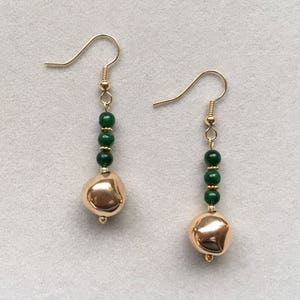 Gold Metal Bead Earrings, Genuine Jade Earrings, 18K Gold Filled Fish Hooks, Hypoallergenic Earrings, Gift for Her