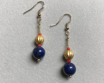 Pendientes Lapis Lazuli, Pendientes de oro de 18K, Pendientes de coral rojo natural, Anzuelos rellenos de oro de 18K, Pendientes hipoalergénicos, Regalo para ella
