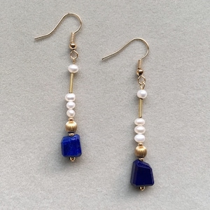 Lapis Lazuli Earrings, Fresh Water Pearl Earrings, 14K Gold Earrings, Hypoallergenic Earrings, 18K Gold Filled Fish Hooks, Gift for Her