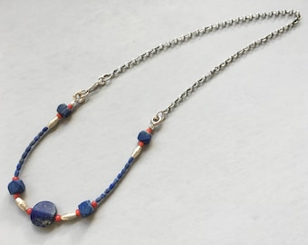 Lapislázuli, antiguo collar de plata esterlina 925, corazón blanco antiguo comercio rojo perla collar