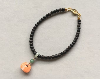 Talladas a mano pulseras de Coral, genuino brazalete de Jade, pulsera de madera ébano, cierre de botón de 14K