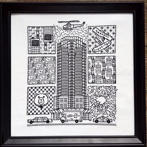 May include: Black and white illustration of a city scene with a tall building, a helicopter, cars, and a bear. The illustration is framed in a black frame.