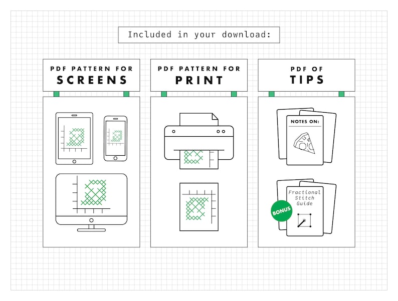 Included in your download: PDF pattern for screens, PDF pattern for print,  PDF of useful tips