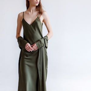 Olive Green Silk Midi Slip Dress: V-Neck Party Gown